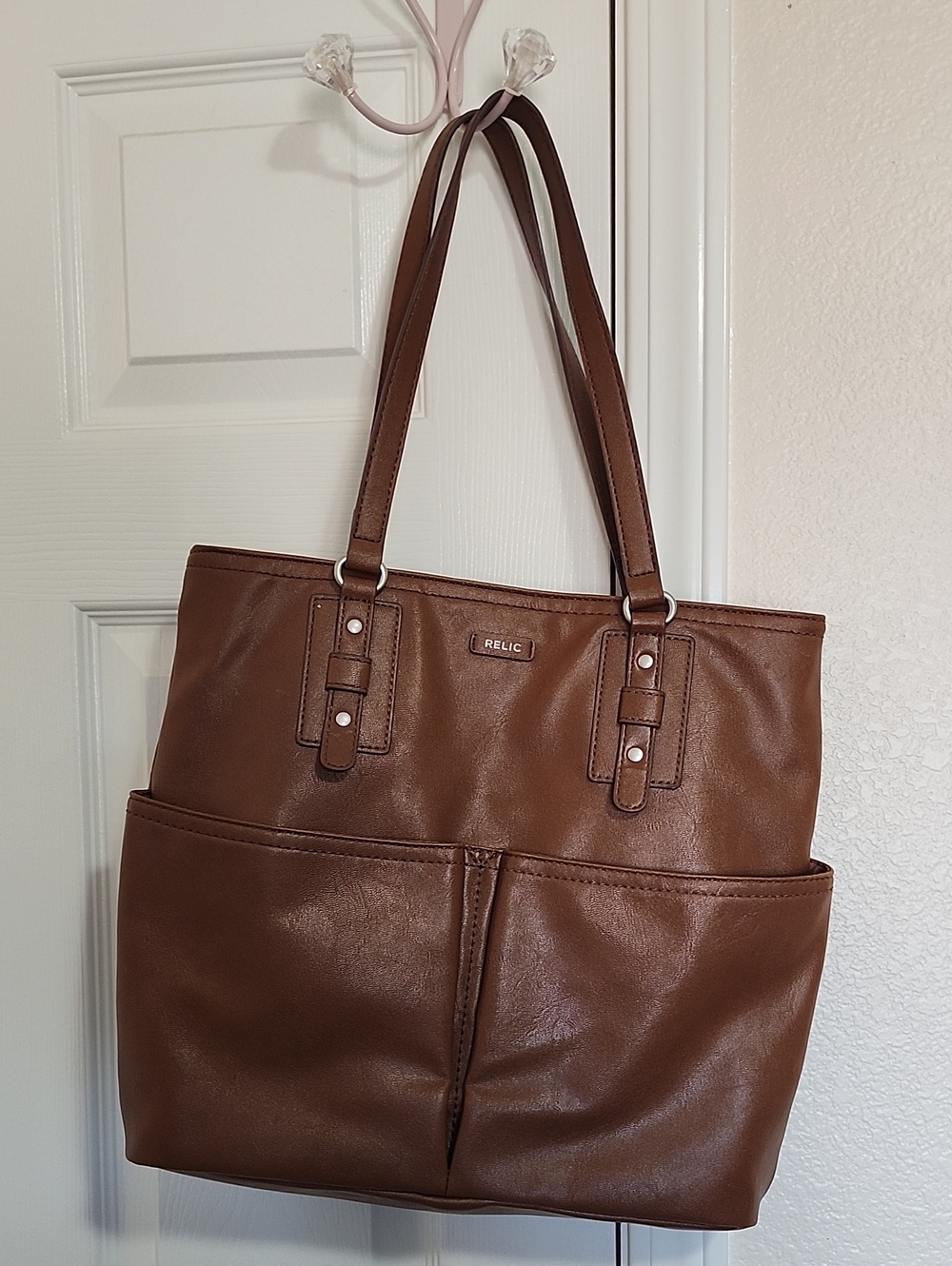 Relic Brown Faux Leather Tote with Front Slip Pockets